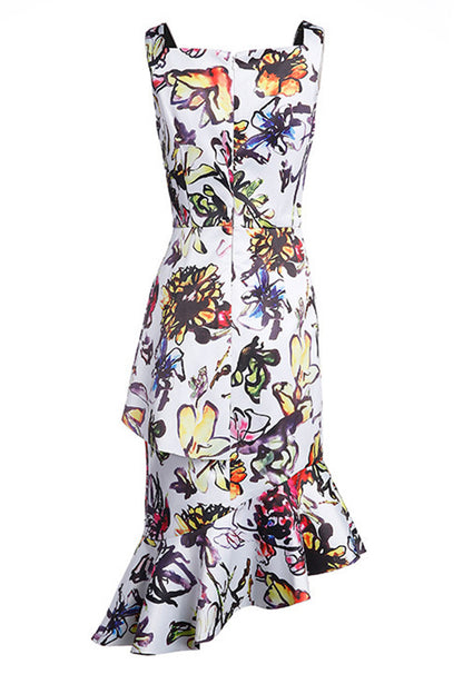 Square Neck Floral Print Slah Irregular Flare Hem  Dress