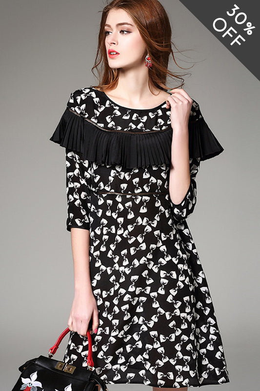 [30% OFF TILL 8 APR] Cute Bow Print Ruffle Pleat Shoulder Half Sleeve Little Back Casual Dress