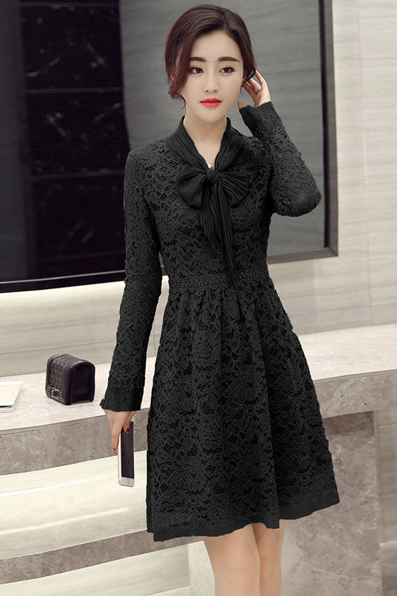 CASUAL LACE LONG SLEEVE V NECK VACATION HOLLOW-OUT DRESS