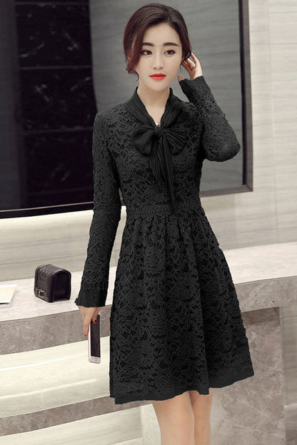 CASUAL LACE LONG SLEEVE V NECK VACATION HOLLOW-OUT DRESS