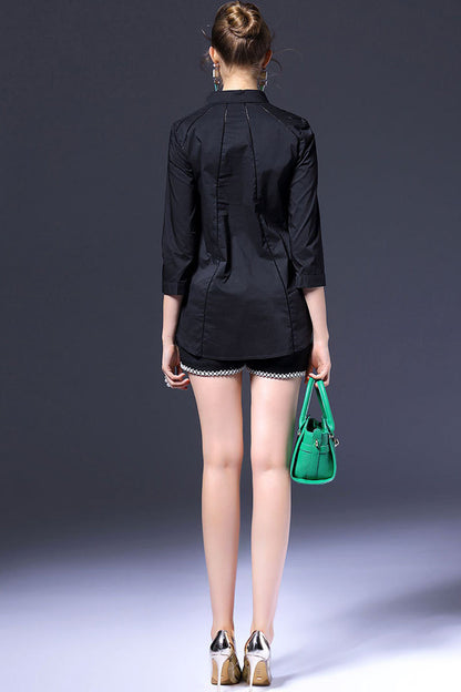 Lapel Neck Hollow Out Slim Single Breasted Shirt Top