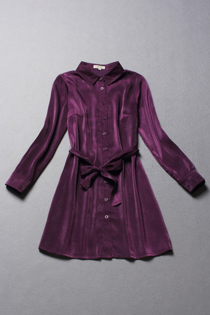 Lapel Neck Suede Lacing Waist Shirt Dress