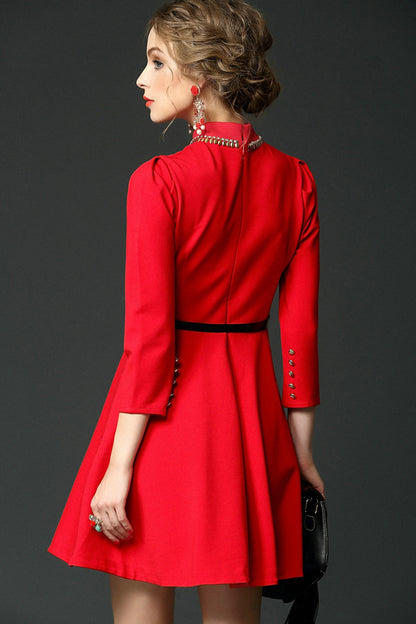 WOMEN'S STAND COLLAR 3/4 SLEEVE GRACE SHORT DRESS WITH BELT