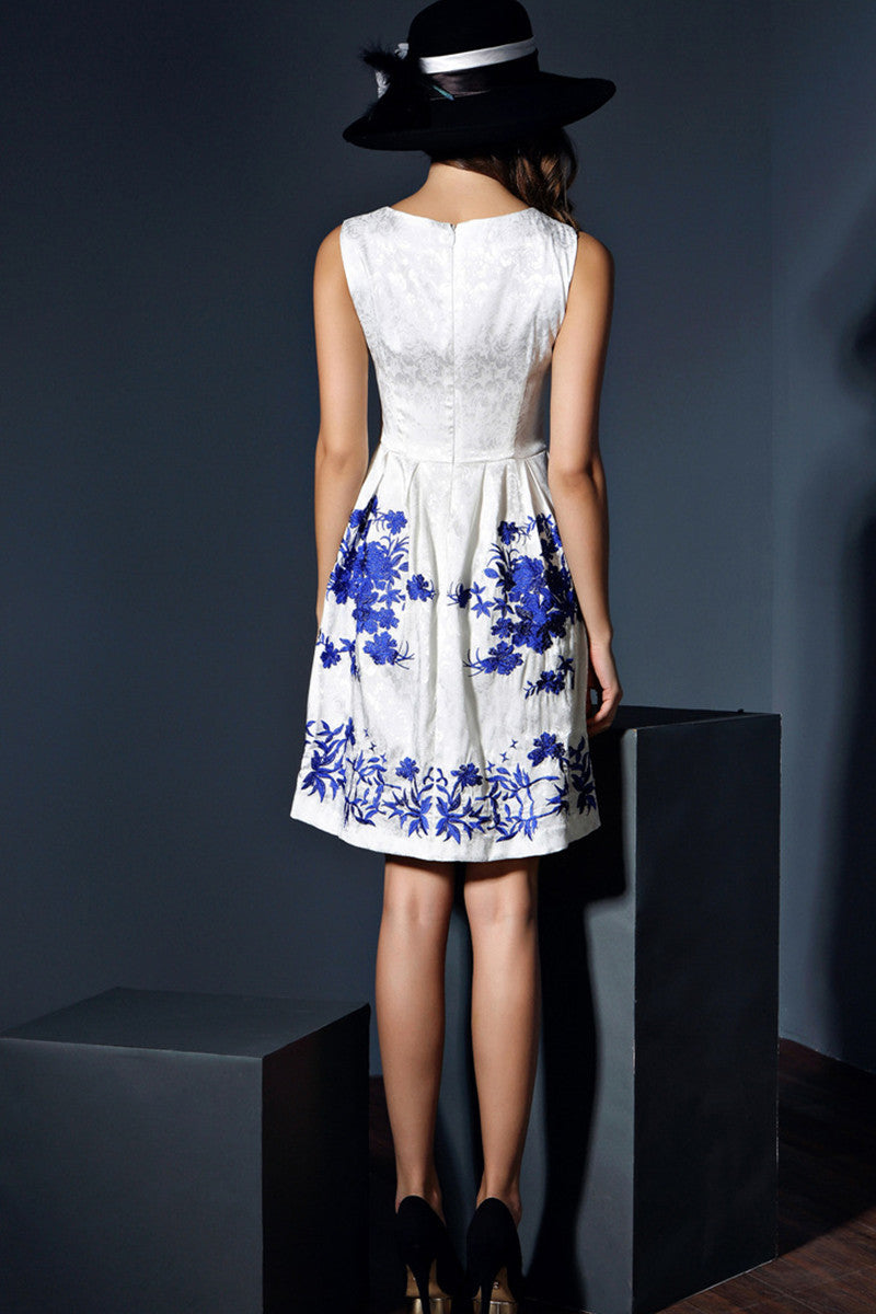 Embroidered Jacquard Sleeveless Fit-and-Flare Dress