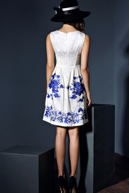 Embroidered Jacquard Sleeveless Fit-and-Flare Dress