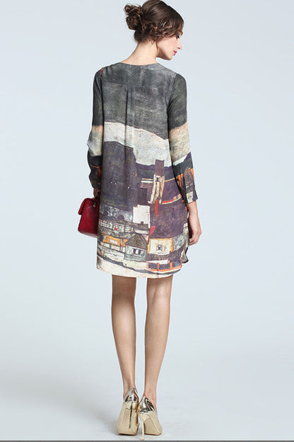 Round Collar Oil Painting Print SIDE Slit Dress