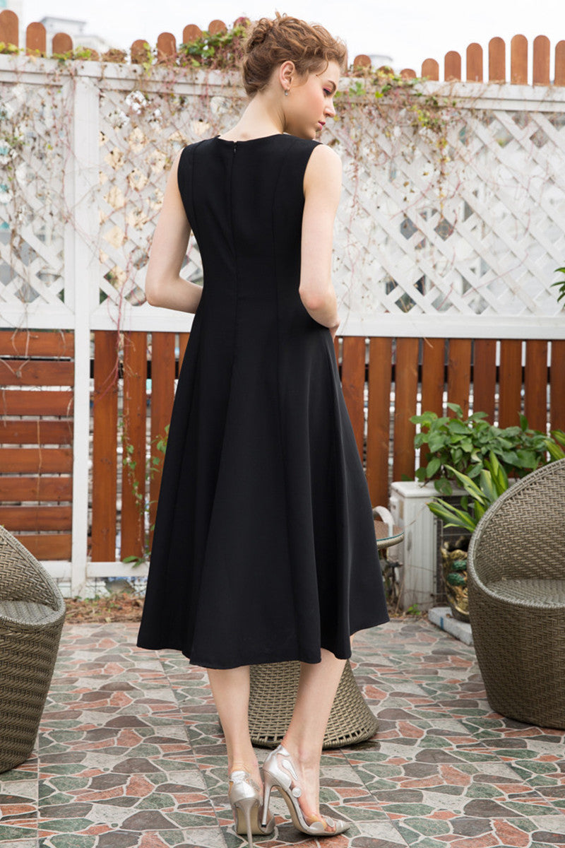 Round Collar PU Patch Slim Empire Waist Flare Dress