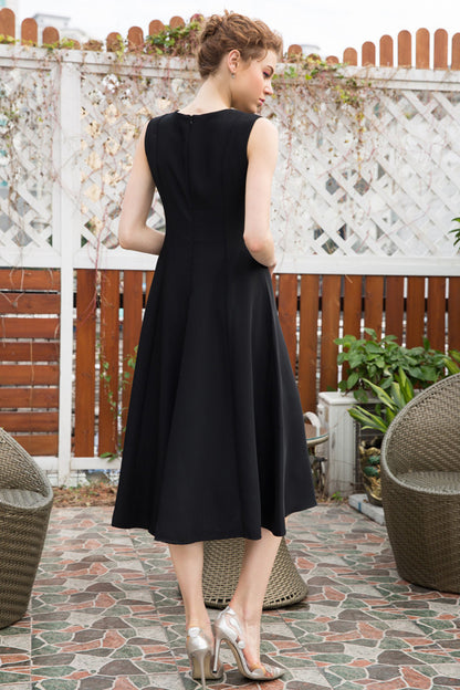 Round Collar PU Patch Slim Empire Waist Flare Dress