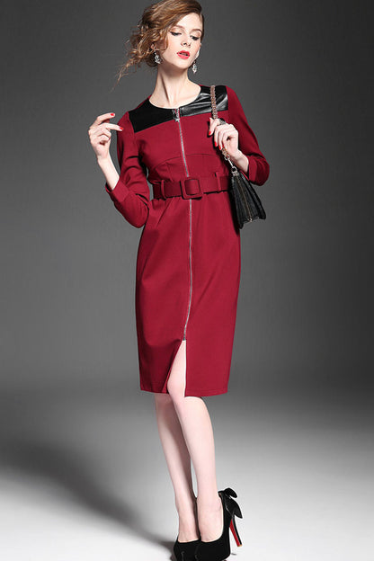 FORMAL ROUND NECK 9 SLEEVE WEAR TO WORK COCKTAIL MIDI DRESS WITH BELT
