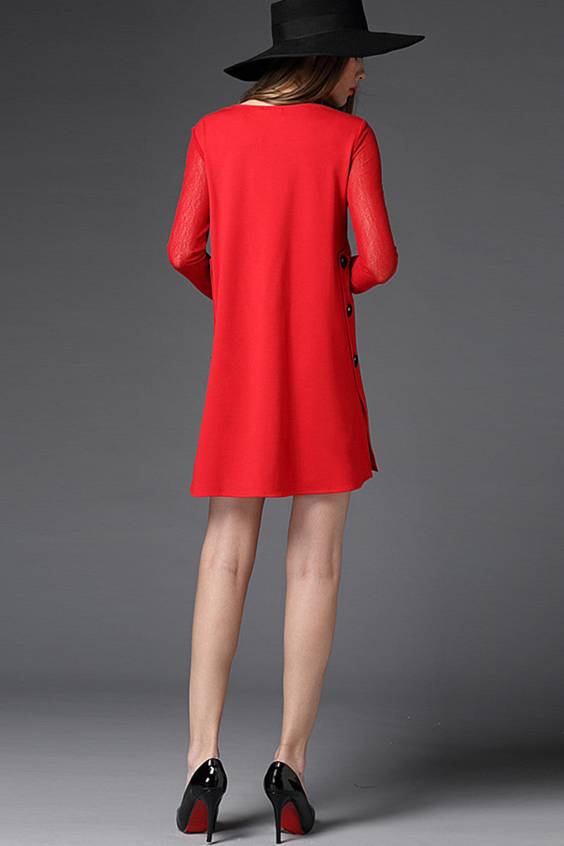 Round Collar Mesh Sleeve Beaded Front Pocket Dress