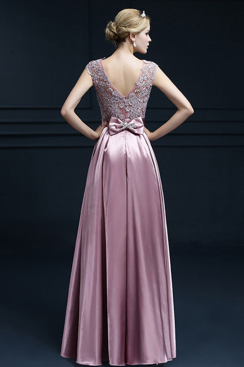 Lace Top Fit-and-Flare Satin Prom Party Dress