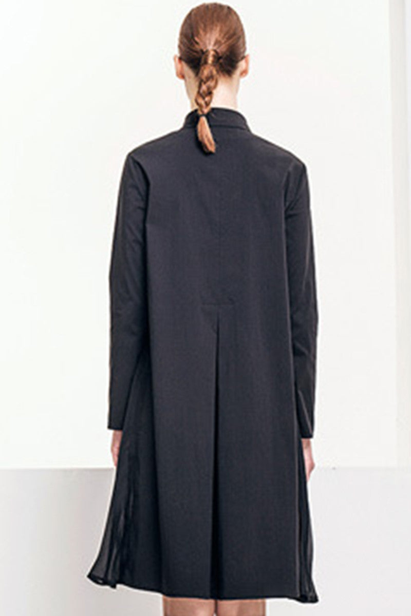 ELEGANT CHIFFON LONG SLEEVE DOLL COLLAR PLEATED MIDI DRESS