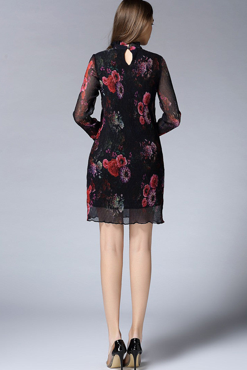 Floral Printting Ruffle Mock Neck  Dress - NJOYDRESS - 4