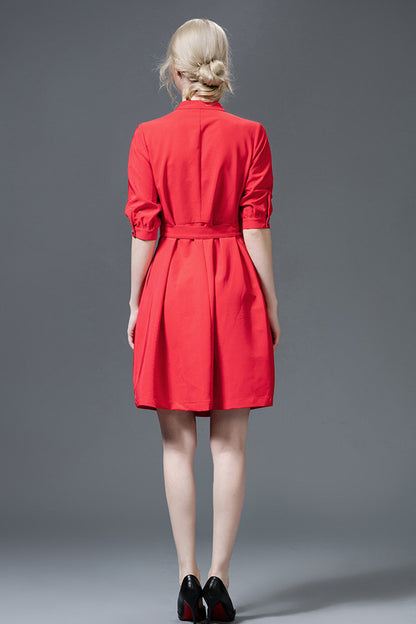 Slit Stand Neck Puff Sleeve Belted Dress