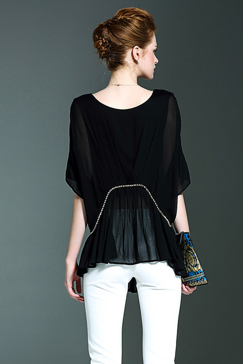 Round Neck Patchwork Short Sleeve Pleated Long T-shirts