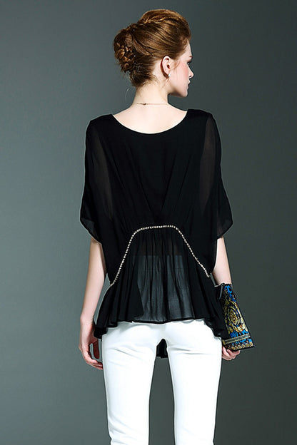 Round Neck Patchwork Short Sleeve Pleated Long T-shirts