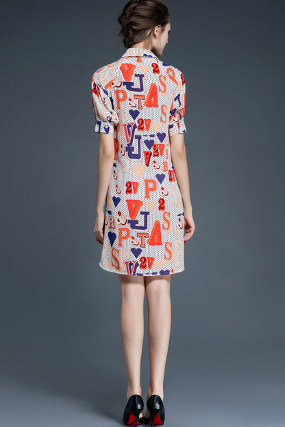 Lapel Neck Letter Print Side Slit Irregular Shirt Dress