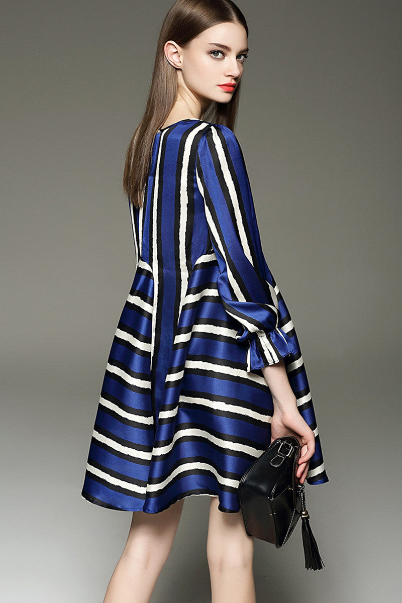 Multi Wide Stripe With Elastic Sleeve Dress