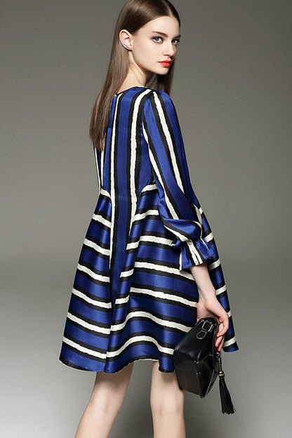 Multi Wide Stripe With Elastic Sleeve Dress