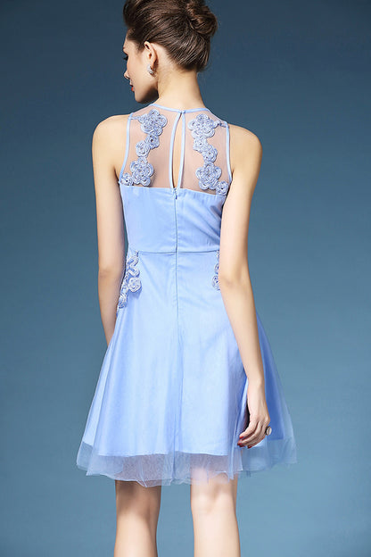 CHIFFON FLOWER EMBROIDERY A-LINE ROUND NECK SLEEVELESS COCKTAIL DRESS