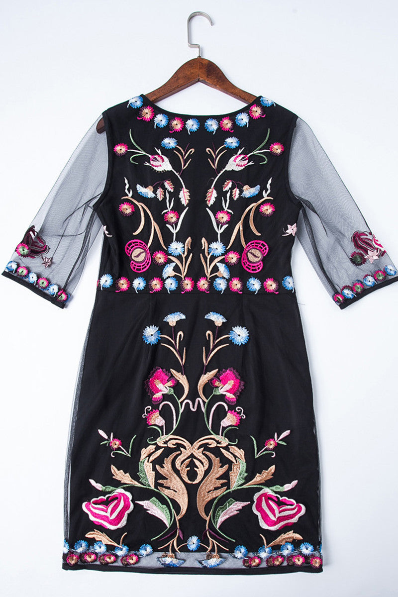A round collar half lace sleeve black sea embroidery morality vintage thin dress