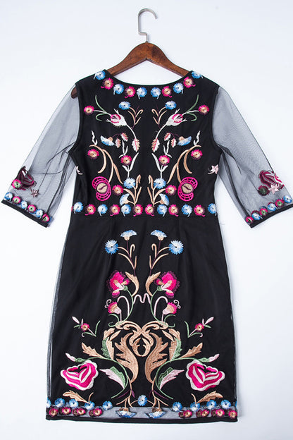 A round collar half lace sleeve black sea embroidery morality vintage thin dress