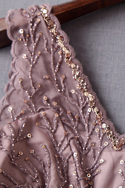 V-Neck Embroidered Mixed Bead Illusion Pleated Cocktail Dress