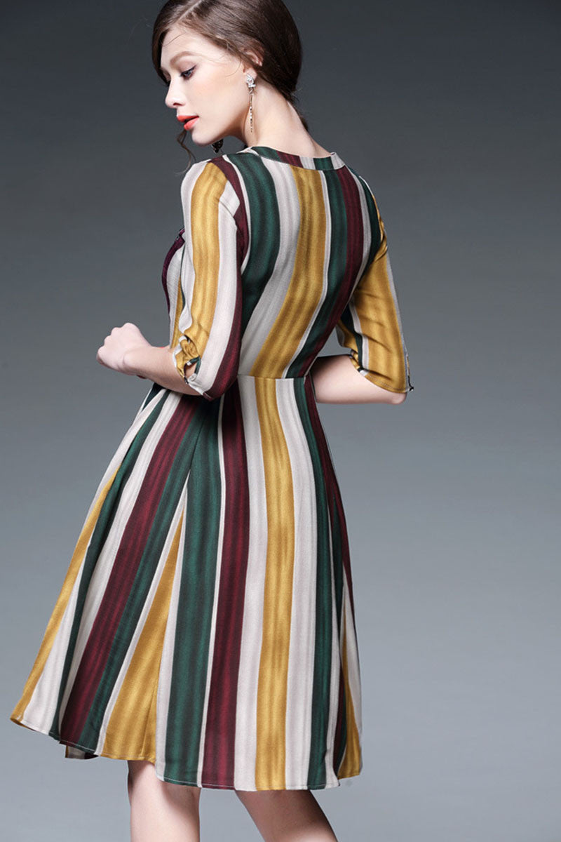 V Neck Scoop Color Vertical Stripe Sequin Patch Dress - NJOYDRESS - 3