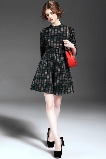 Women's Slim Plaids Dress Long Sleeve Stand Collar Grace Vintage Dress