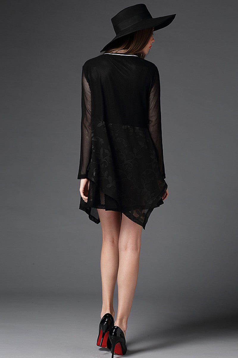 Round Collar Hollow Out Embroidery Irregular Flare Hem Slim Plus-Size Dress