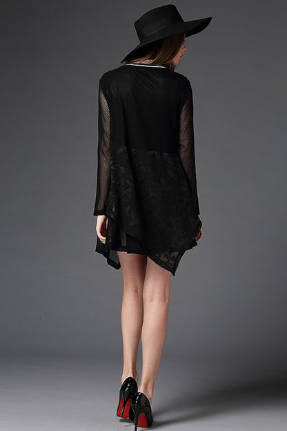 Round Collar Hollow Out Embroidery Irregular Flare Hem Slim Plus-Size Dress