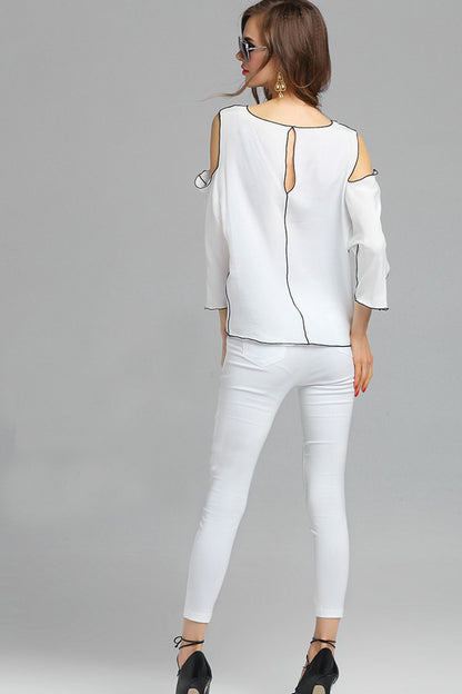 Casual Loose Round Neck Hollow-Out Sleeve Patch Top