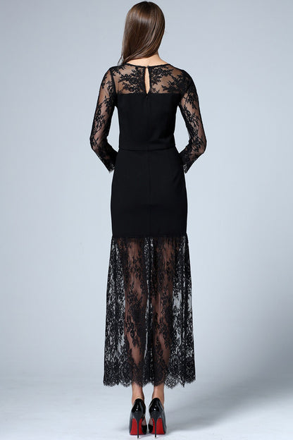 ELEGANT LACE ROUND NECK SHEER MESH COCKTAIL PARTY LONG DRESS