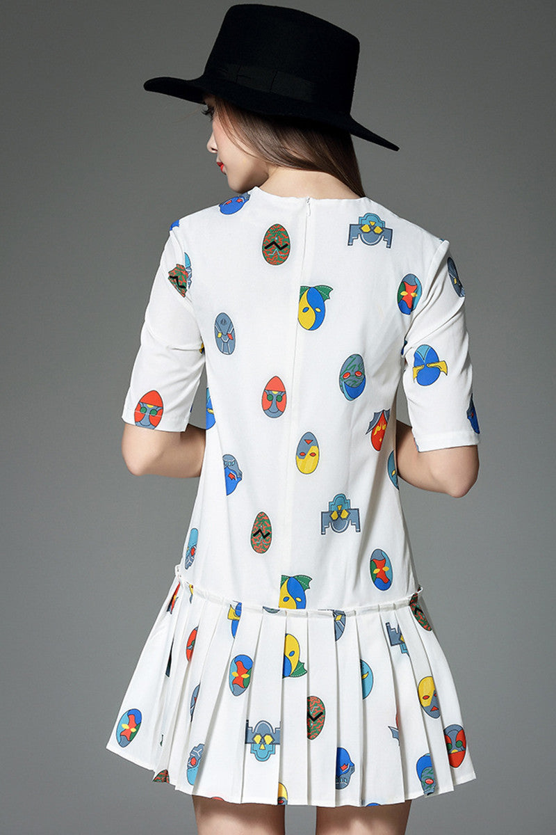 [30% OFF TILL 8 APR] Cute Facial Masks Print Short Pleated Bottome Casual Dress