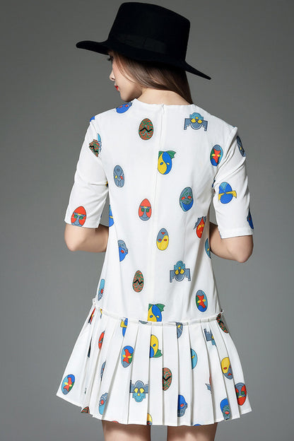 [30% OFF TILL 8 APR] Cute Facial Masks Print Short Pleated Bottome Casual Dress