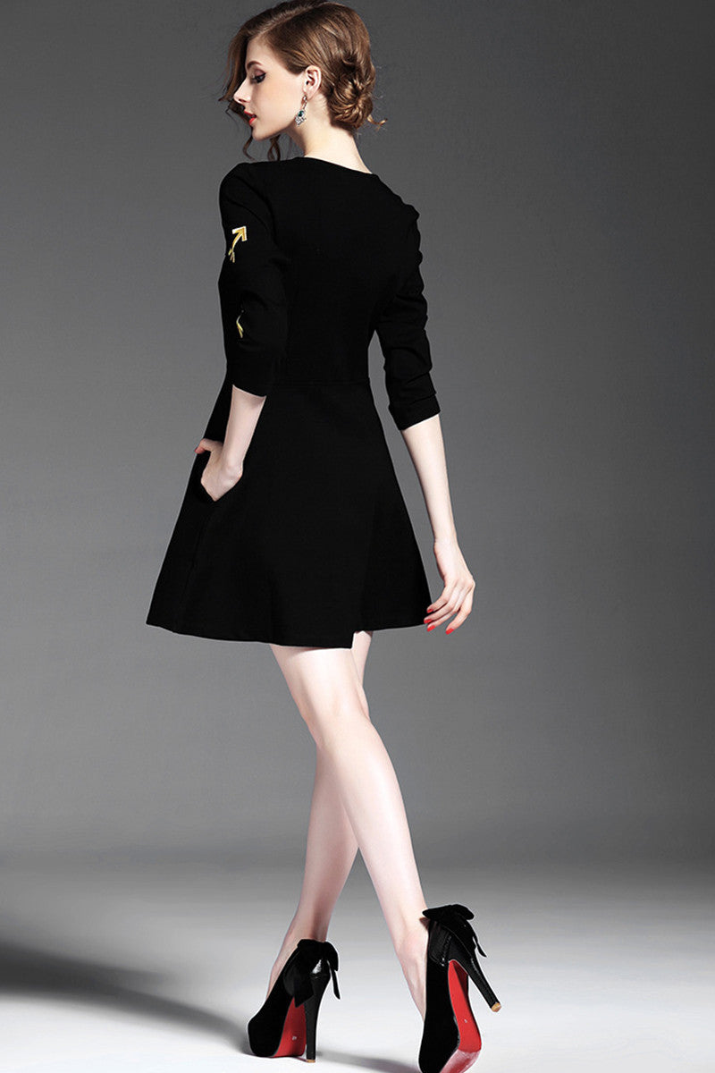 women's a-line boat neck printing black slim short dress