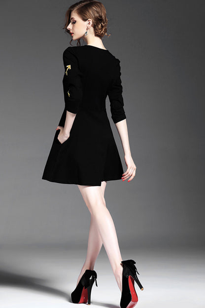 women's a-line boat neck printing black slim short dress