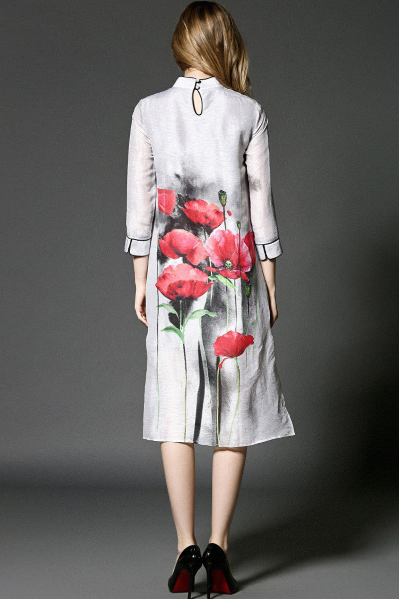 Stand Collar Flowers Print Chi-Pao Dress