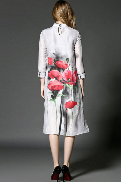 Stand Collar Flowers Print Chi-Pao Dress