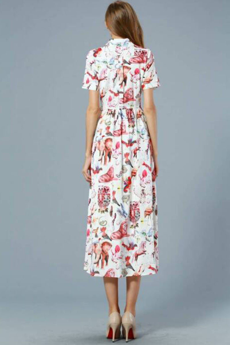 CASUAL ANIMAL PRINTING POLO NECK SHORT SLEEVE VACATION DRESS