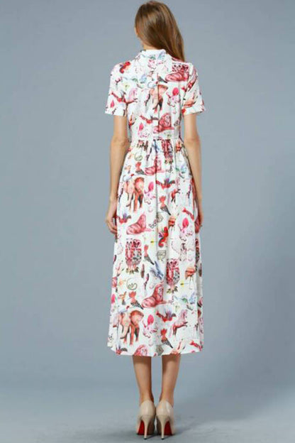 CASUAL ANIMAL PRINTING POLO NECK SHORT SLEEVE VACATION DRESS