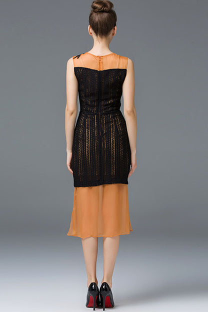 Casual Lace Chiffon Sheer Mesh Round Neck Midi Dress