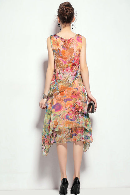 Round Collar Colorful Printed Chiffon Flare Dress