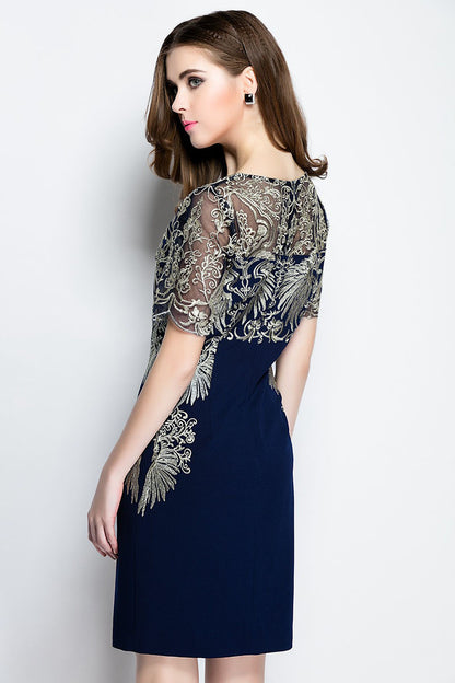 Round Collar Top See Through Mesh  Embroidery  Gown Slim Wrap Dress