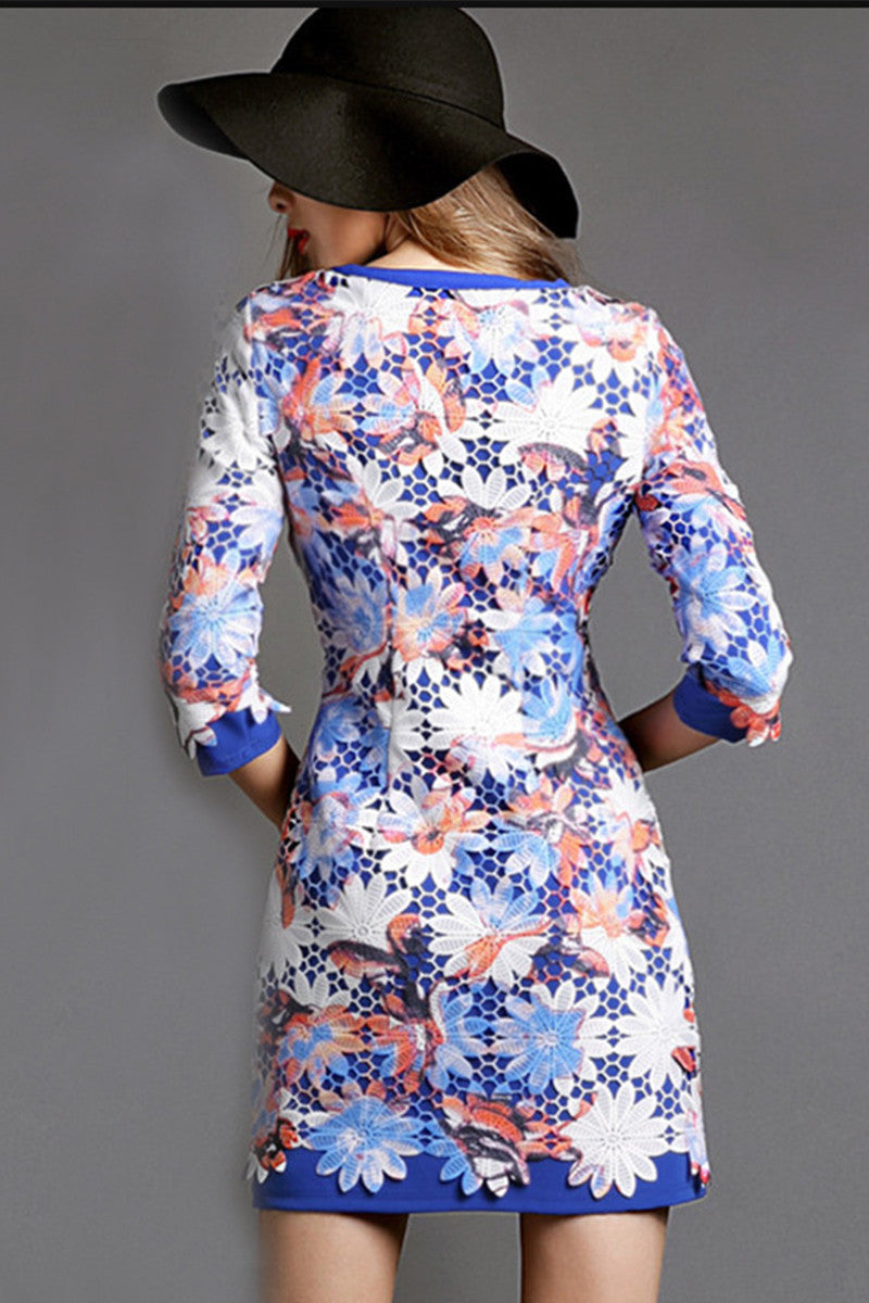 WOMEN'S SLIM ROUND NECK PRINT AND FLORAL 3/4 SLEEVE VOCATION MIDI DRESS - NJOYDRESS - 3