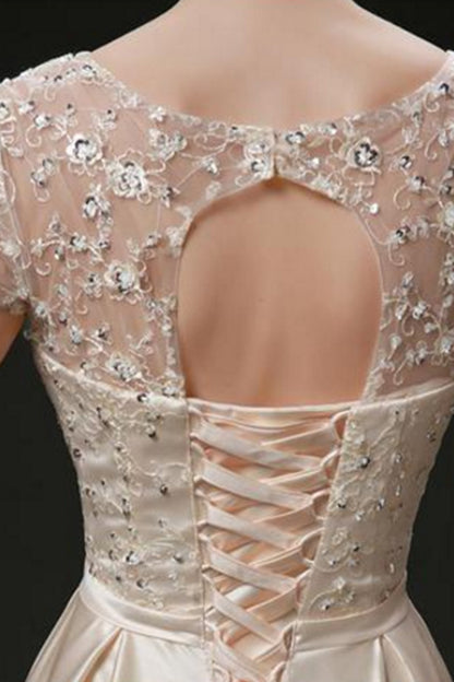 Round Collar Sheer Mesh Beaded Rhinestone Long Dress