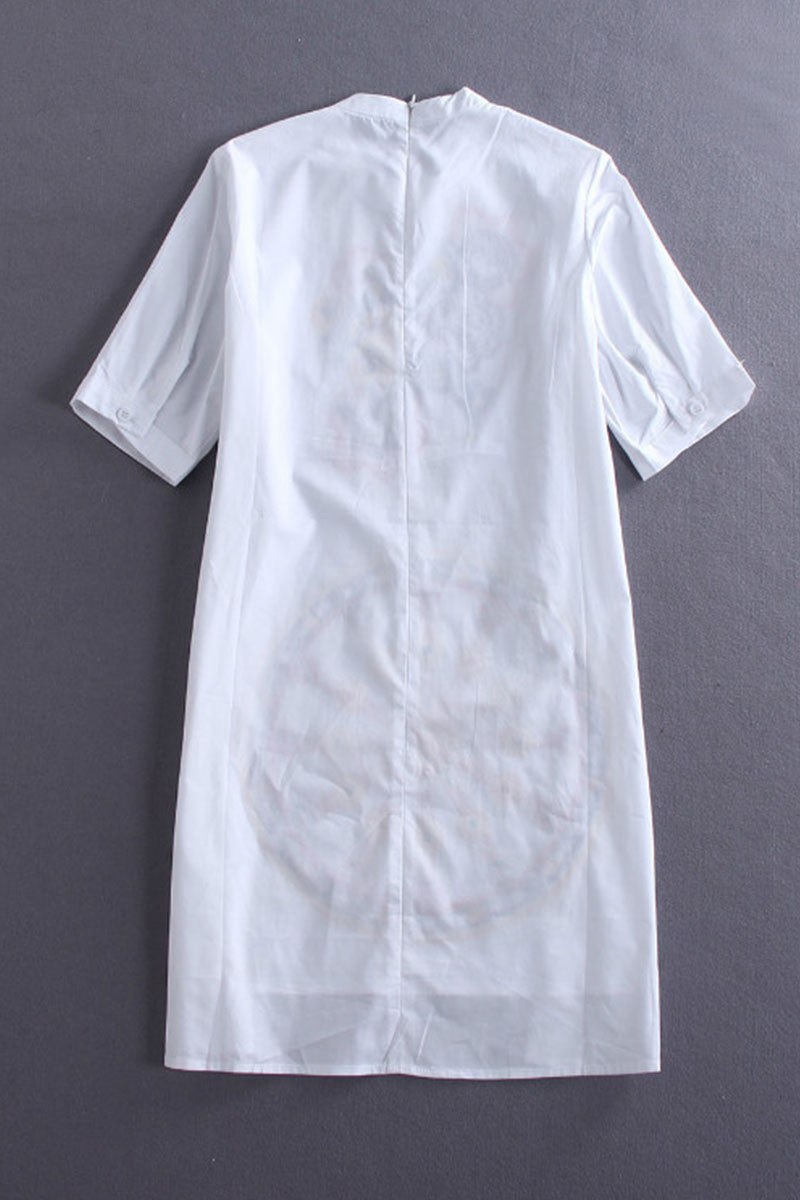 Round Collar Jacquard Fattern Front Short Long Back Dress - NJOYDRESS - 2