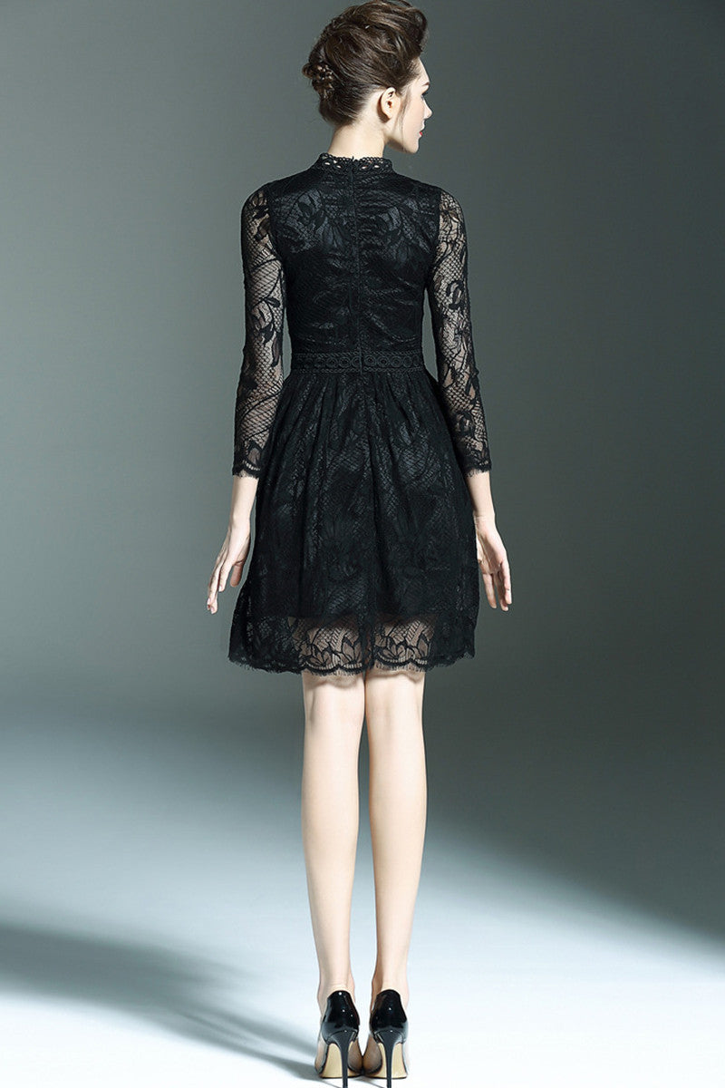 Stand Collar Sheer Sleeve Tunic  Hollow Out Lace  Dress