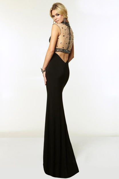 Mock Neck Acrylic Beaded Top Low Cut Back Waist Party Dress