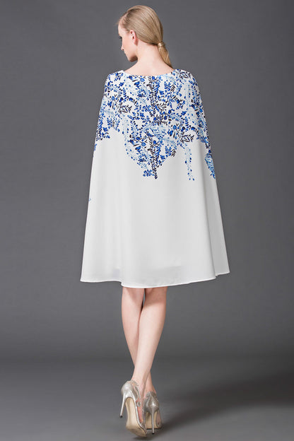 Boat Neck Blue And White Porcelain Cape Poncho Dress